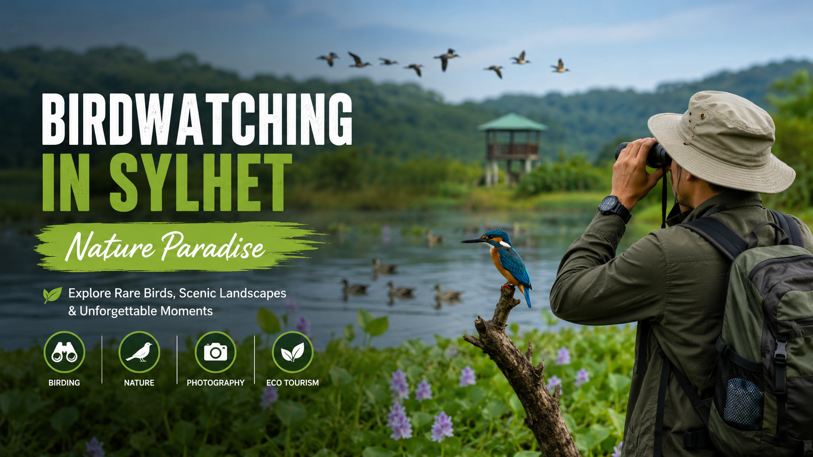Birdwatching in Sylhet with colorful birds and lush green nature scenery