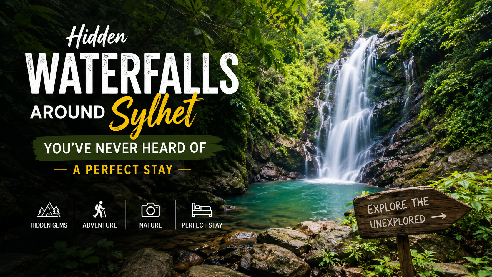 Hidden waterfall surrounded by lush green forest in Sylhet, Bangladesh