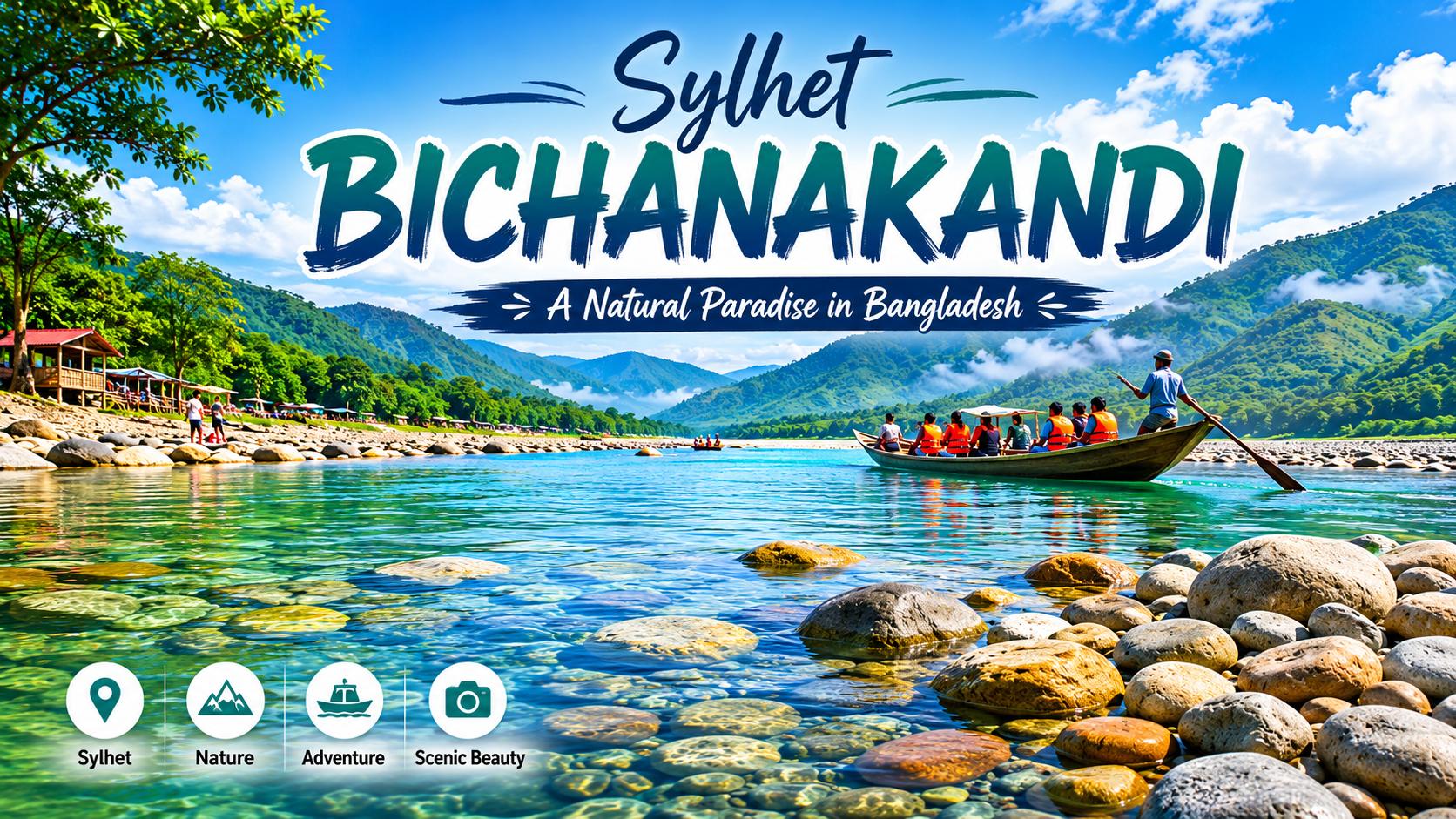 Sylhet Bichanakandi scenic stone river with crystal clear water and Meghalaya hills