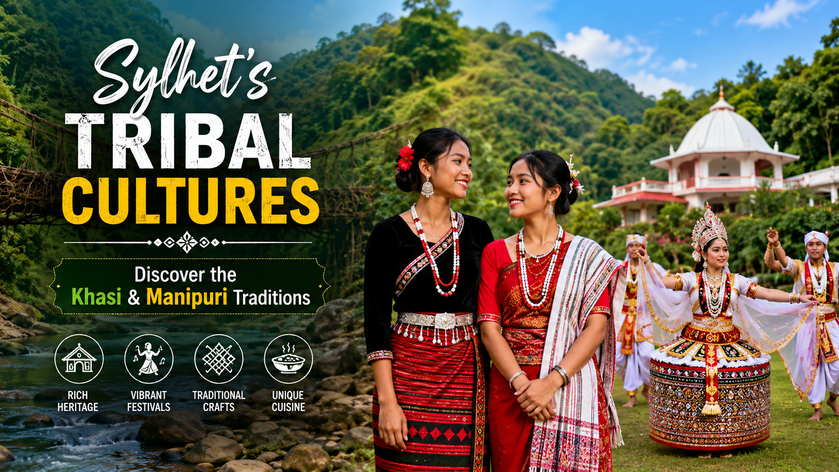 Sylhet Tribal Cultures showcasing Khasi and Manipuri traditions, colorful attire, dance, and cultural heritage in Bangladesh