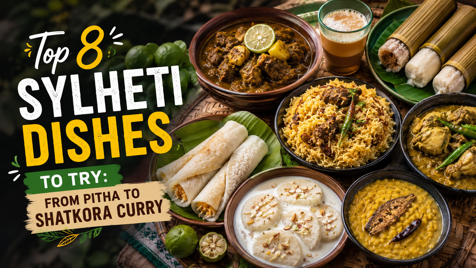 Top Sylheti dishes including pitha and Shatkora curry served in traditional Sylhet style