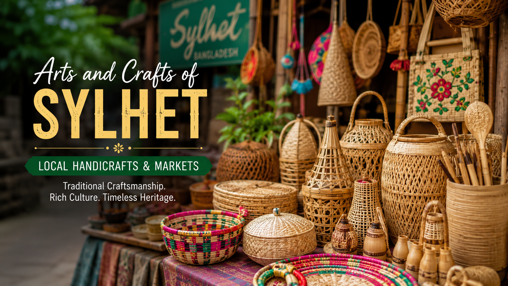 Arts and Crafts of Sylhet with handmade bamboo baskets and traditional handicrafts at a local market