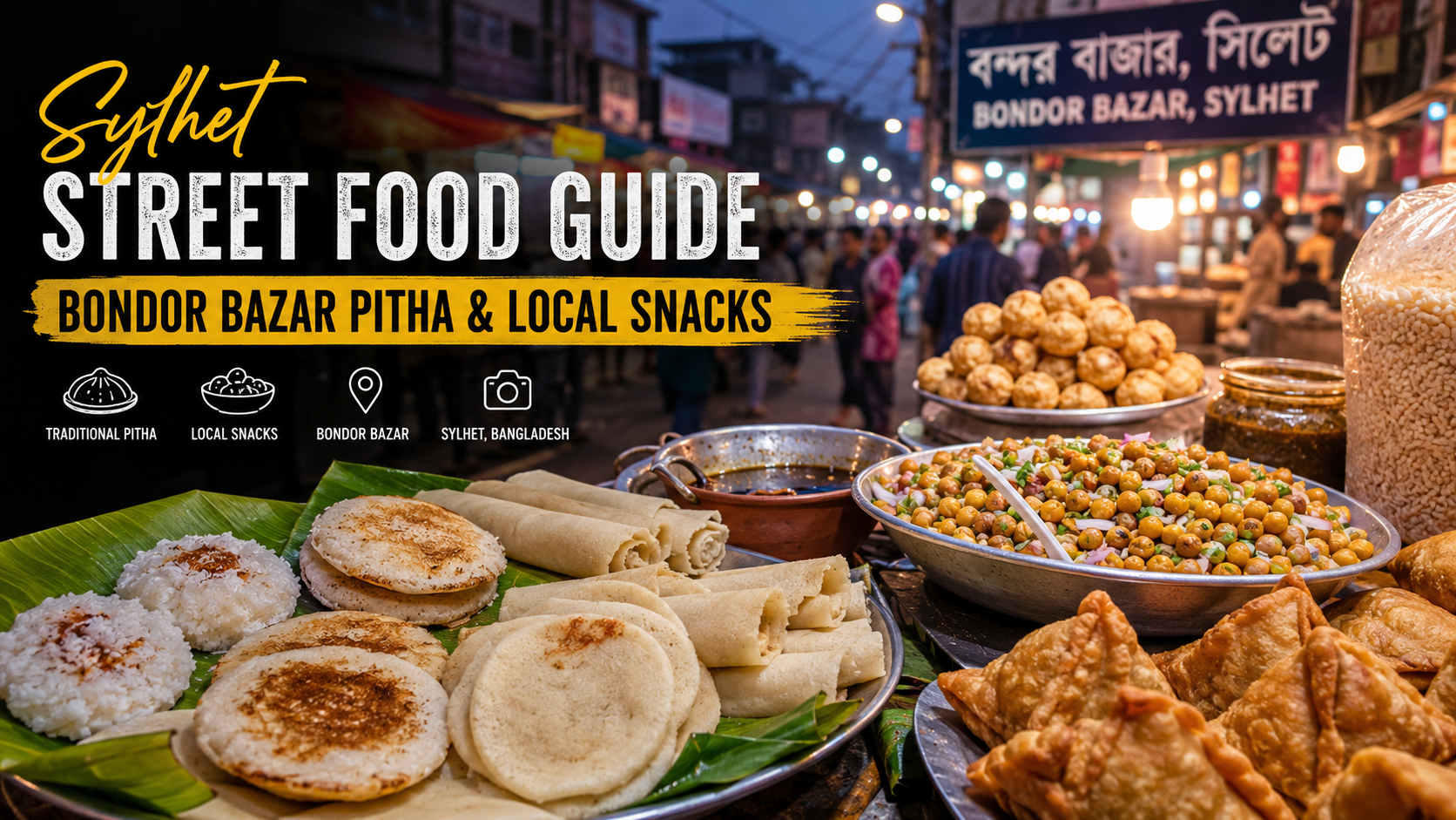 Traditional pitha and local street snacks at Bondor Bazar in Sylhet, Bangladesh