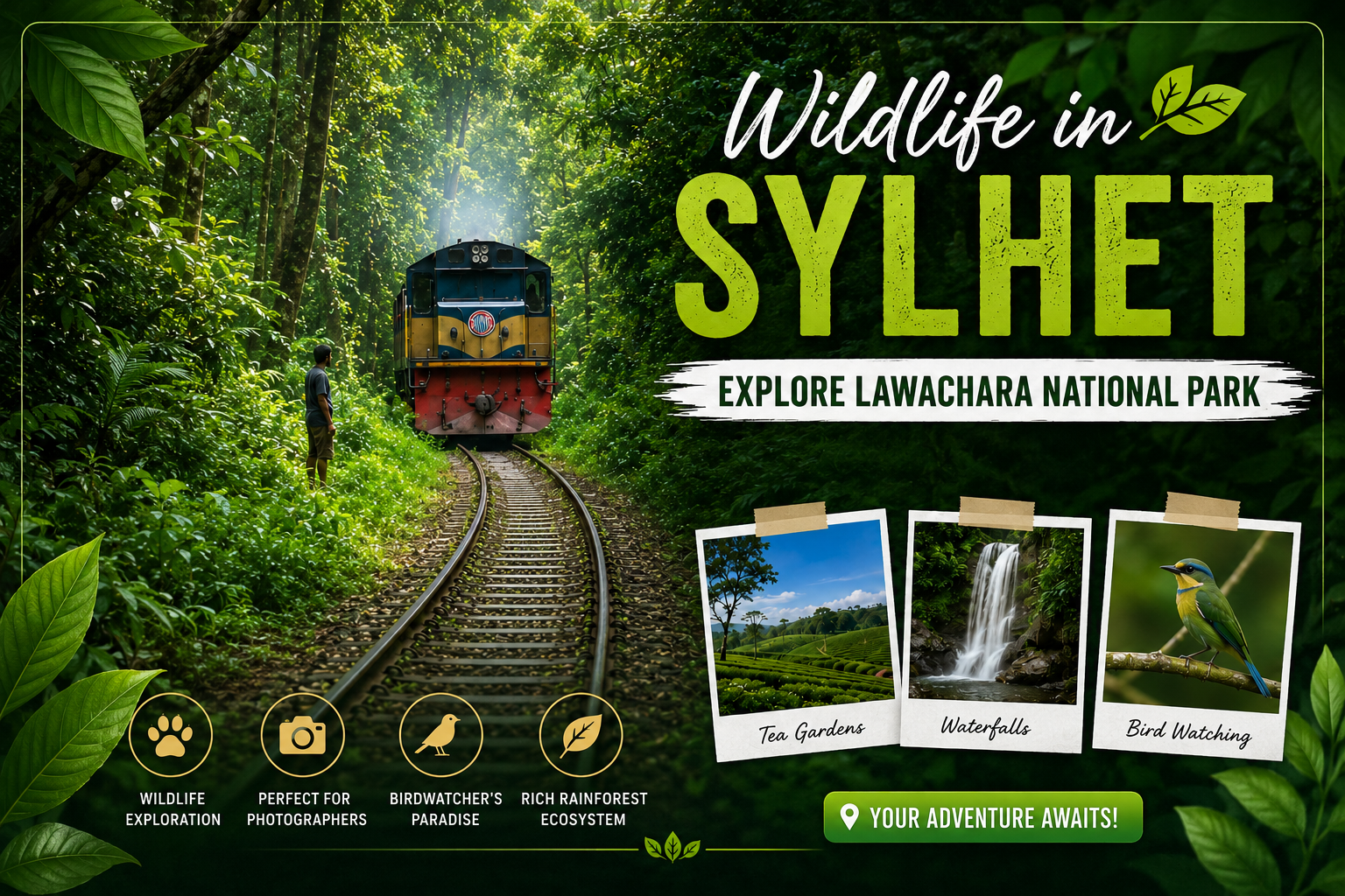 Wildlife in Sylhet at Lawachara National Park rainforest trail with Hoolock Gibbon and tropical forest scenery